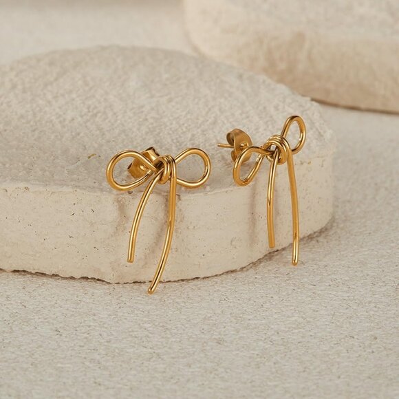 Women's 18K Gold-Plated Zircon Earrings Hoop Dangle Bow 1 Earring Golden Tops - Picture 7 of 7